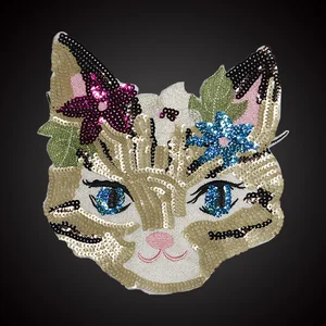 wholesale promotional gift cat face with flower sequin patch
