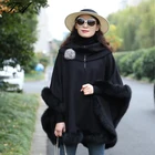 Chic Style Fox Fur Trim All Around Big Collar Long sleeveless poncho knit poncho Square Coat patterns
