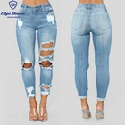 OEM fashion high waisted medium blue ripped skinny jeans for women