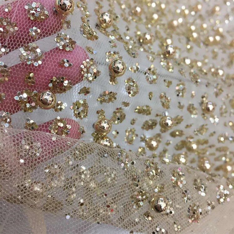 champagne beaded lace fabric
