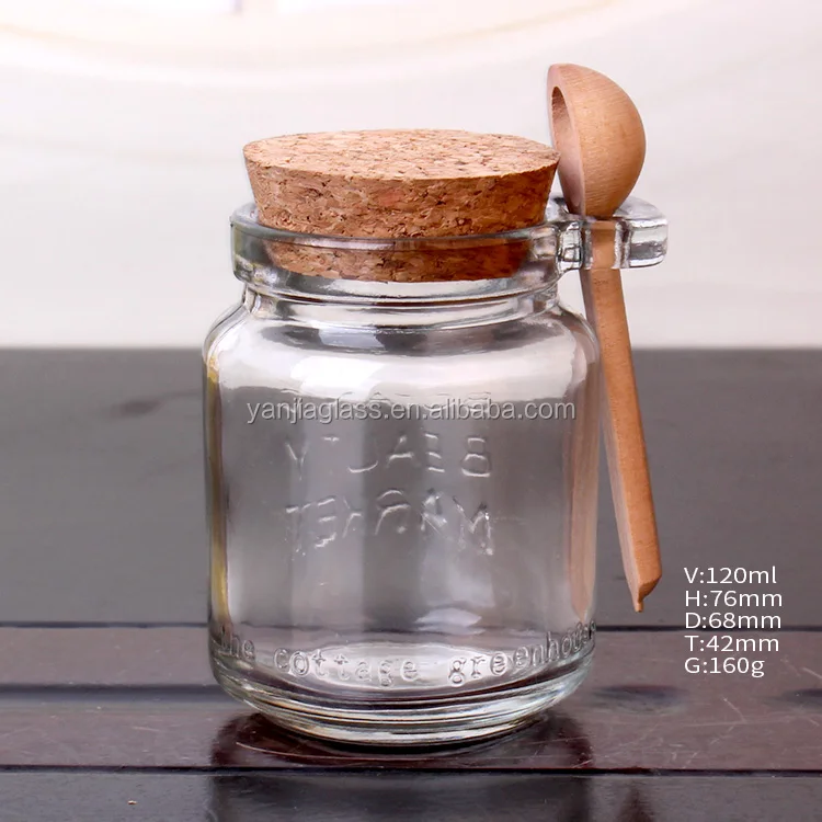 120ml 250ml round transparent jelly jam ice cream spice glass jar with wood spoon and cork