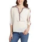Long sleeve open tunic style cotton embroidery blouse women