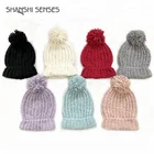 wholesale custom ladies polyester knitted loop pom pom solid color warm winter thick beanie hat cap