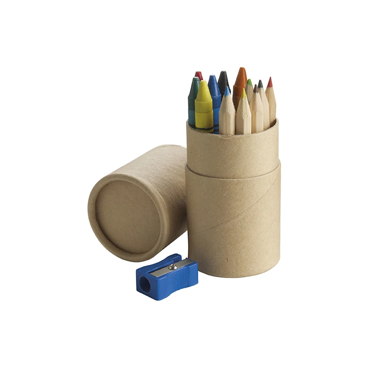 six hexagonal colour pencils, six crayons and a pencil sharpener