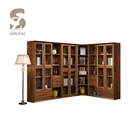 Large size three door solid wood corner bookshelf,wooden book shelf with drawers