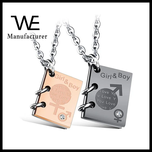 fine romantic lovers stainless steel zircon book shaped pendant