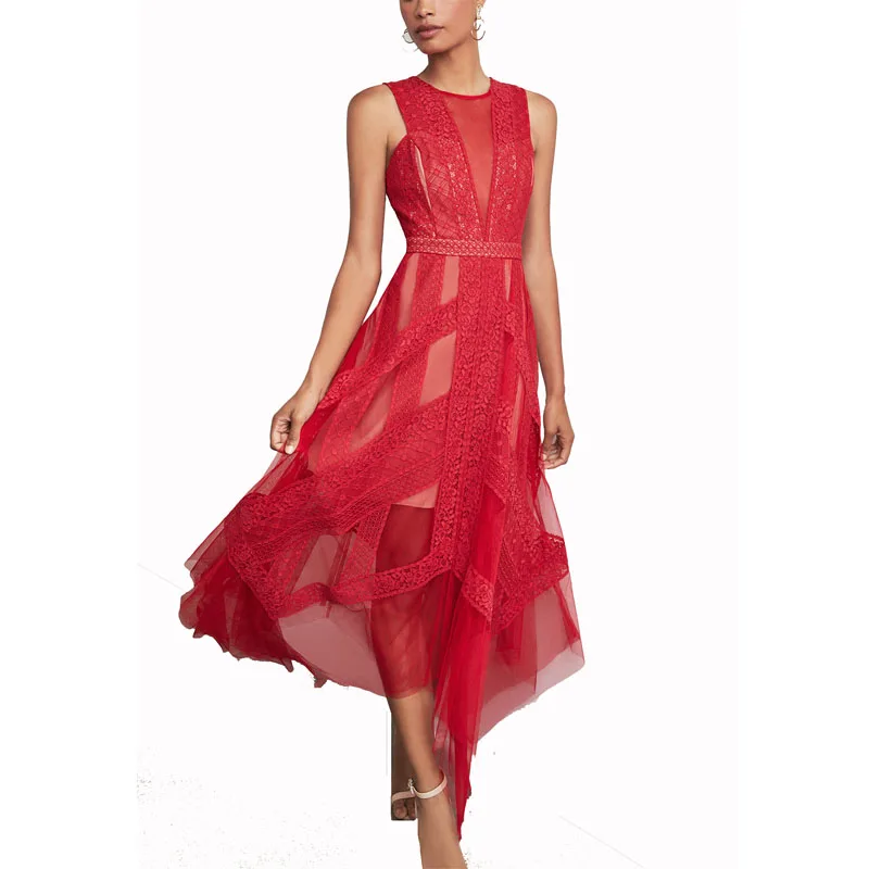 Últimas alta calidad estilo chino rojo sin mangas de encaje de Midi, vestido Casual