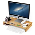 Multifunction computer monitor riser stand with pull-out bamboo drawer