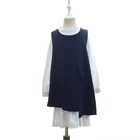 Girls casual long kids clothing sets with long shirt and unbalanced navy knit vest