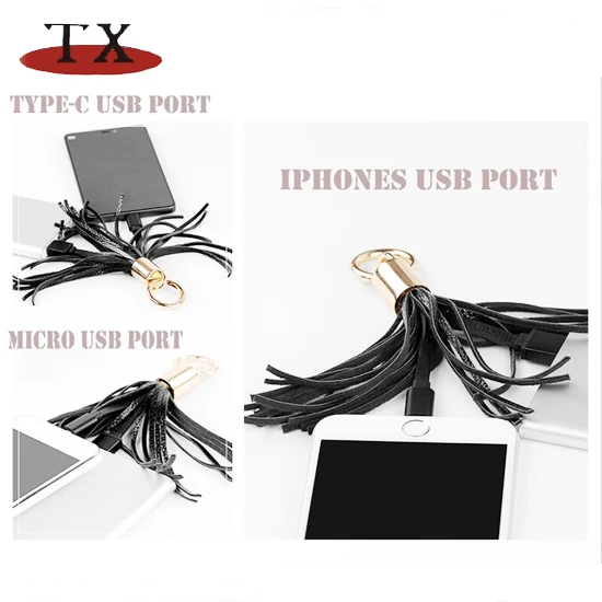 Two-in-One Leather Tassels Key Chain Data Cable with USB Charger Cable - idealCable.net