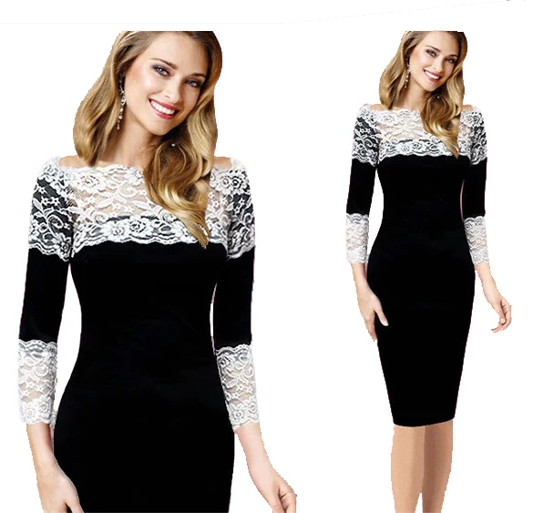 Robe Moulante Spring Autumn Women Pinup Elegant Bodycon Office Crochet Pencil Sheath Tunic Lace Patchwork Dress Vestido De Renda