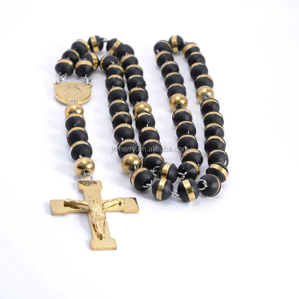 Faithful Black Rubber Beads Lourdes Catholic Rosary in Gold Color Cross Necklace