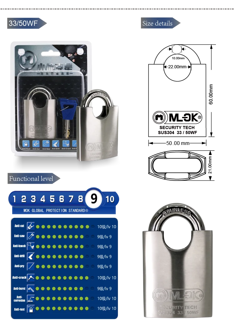 MOK stainless steel waterproof 60mm padlocks Master Key System padlock