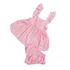 In Stock pink chiffon romper baby girl flutter sleeve romper set with ruffle underwear