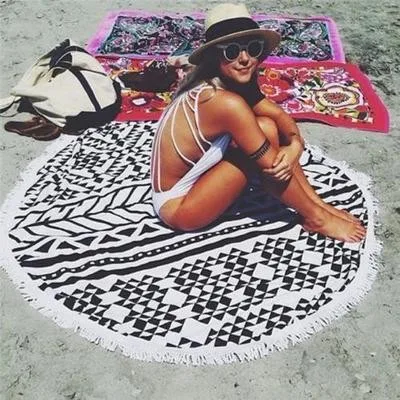 Round custom printing Beach Towel With Tassel White & Black Cotton Circle Beach Towels