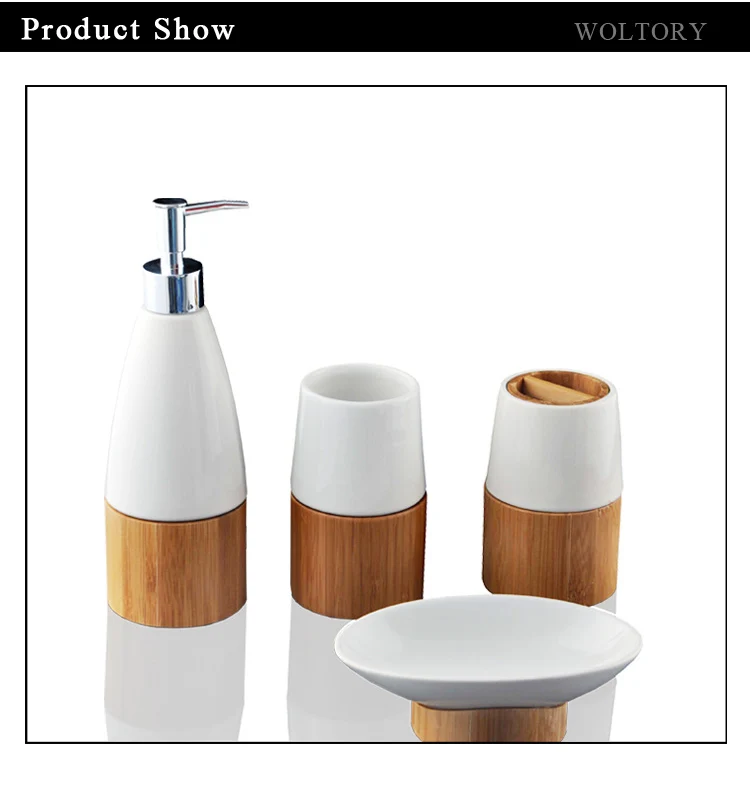 Retail Natural Bamboo And Ceramic Bath Accessories Set,Creative Bathroom Set Toothbrush Holder