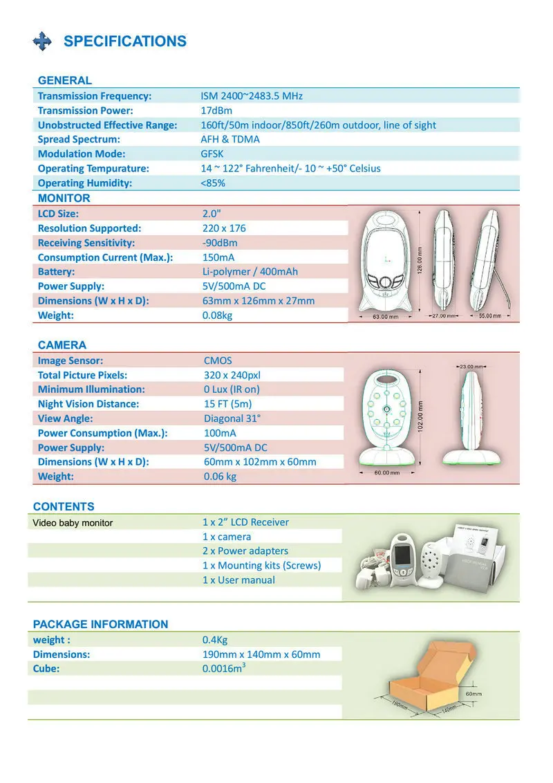 Infrared Night Vision Two Way Talk Back Wireless Temperature Monitoring Video Baby Monitor With  Lullabies