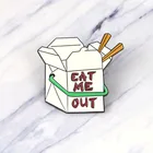 Small MOQ cartoon Eat me out take out box custom pin badge