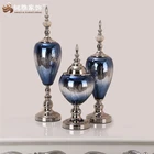 Christmas decorative furnishing home decor craft blue glass vase with metal design