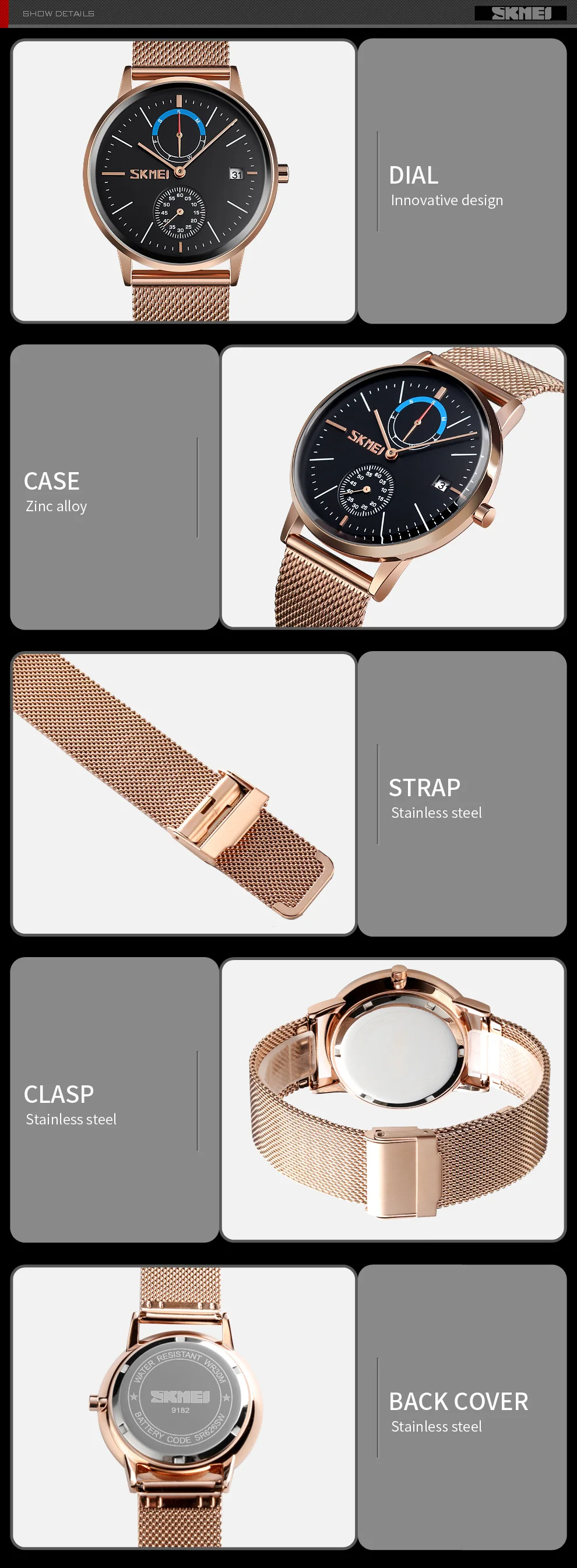 SKMEI 9182 Men's Minimalist Quartz Watch Stainless Steel Mesh Band Wristwatches with Date