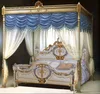 European Hand Painting Wooden Canopy Bed with Valance, Romantic Wedding Bedroom Furniture