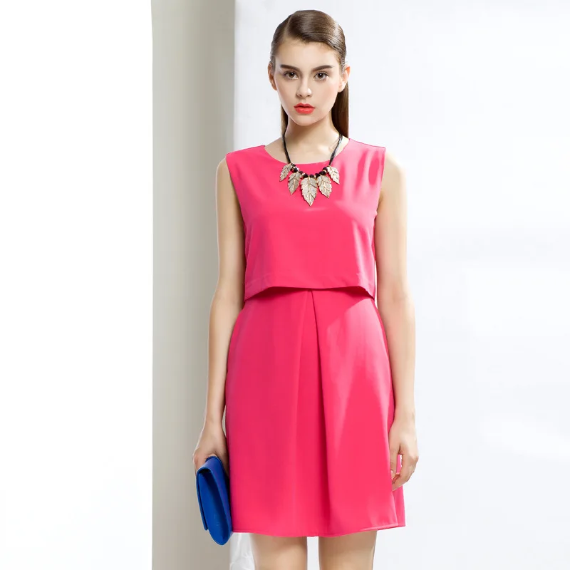 Women Fashion Cute Pink Sundress Elegant O-Neck Dress 2015 Vestidos Femininos Robe Femme Spring Summer Style Free Shipping