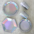 Gold Silver Iridescent paper Shiny Plates And Cups for 8 Guests Including dinner lunch Plates Cups