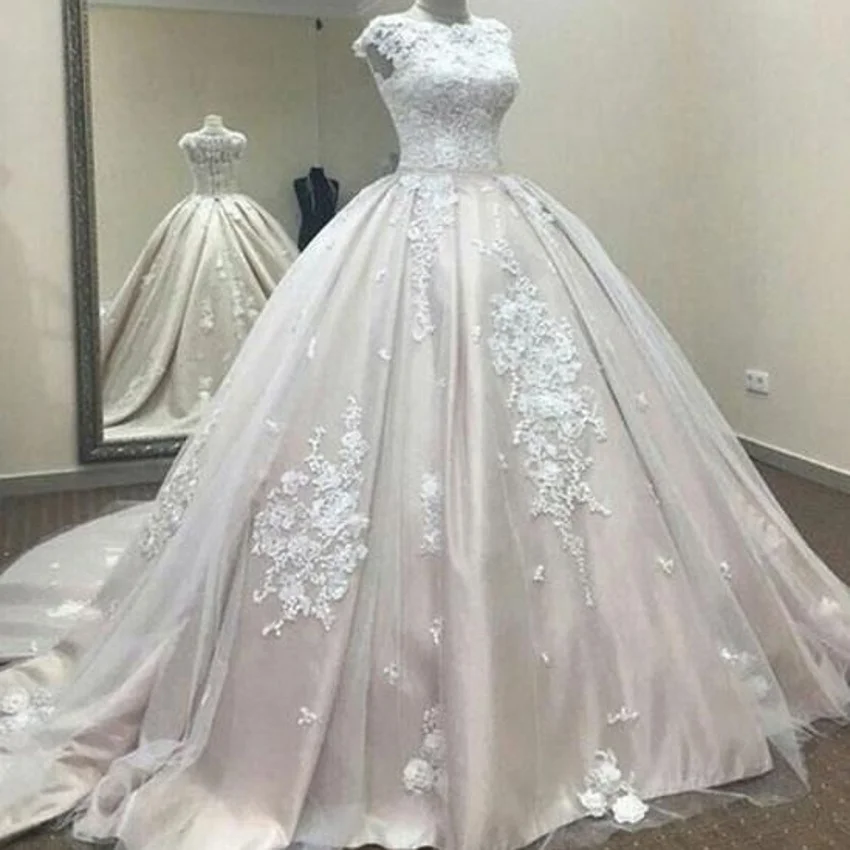 L1263 encaje bola vestido de boda sin mangas vestidos de cuello alto Blush marfil princesa vestidos de novia