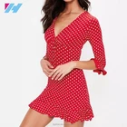 Yihao new arrival ladies red polka dot print frill chiffon mini dress