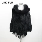 Elegant Winter New Fashion Rabbit Fur Knitted Poncho Lady Real Raccoon Fur Collar Cape with Tassels