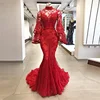 High Collar Mermaid Lace Beading Evening Dress Long Flare Sleeve Evening Gown Sheath Sheer Back Evening Dresses With Sweep Train