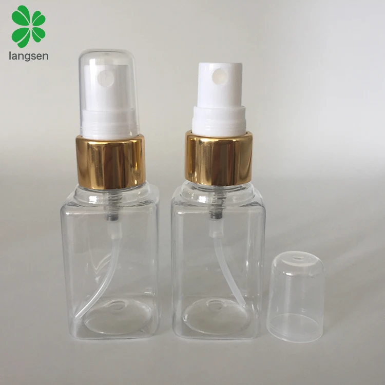 Hot selling PET 40ml square spray bottle with gold mist sprayer cap, perfume bottle