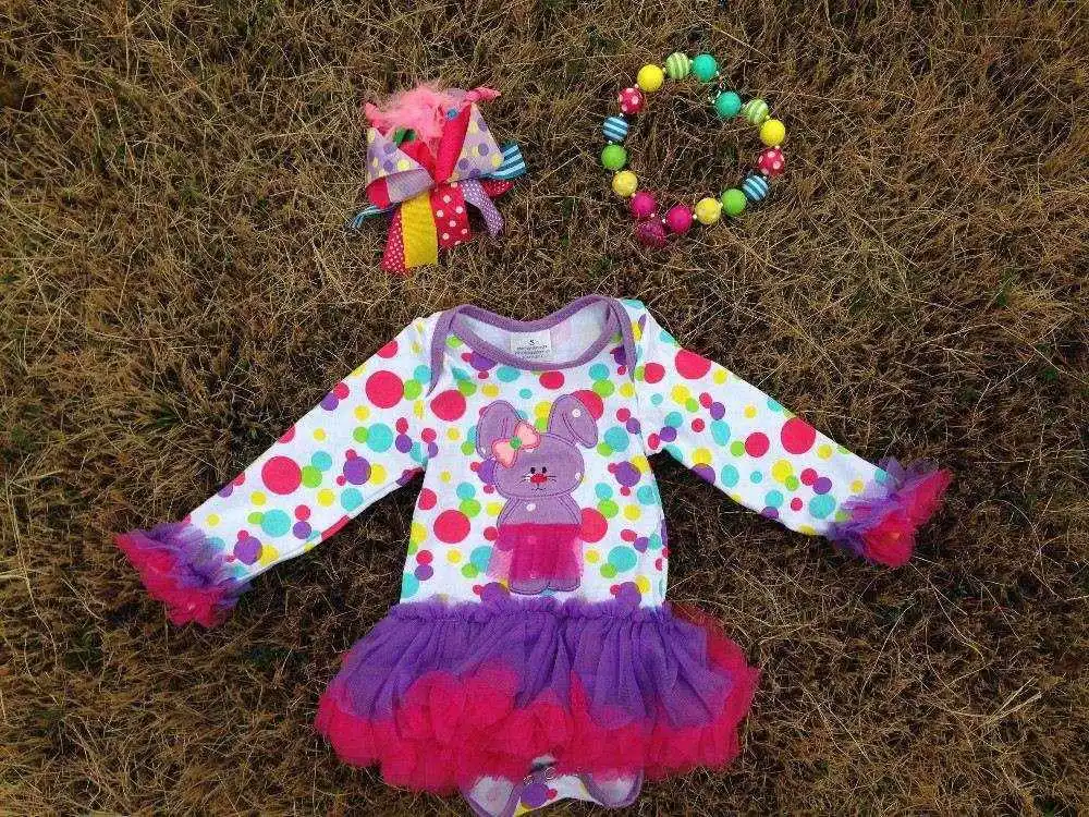2015 new baby girls kids color dots bunny Easter dress with necklace and headband set