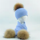 Real Raccoon Fur Pom Pom Ball Kid Angora Thick Knit Hat Warm Beanie Scarf Set Knitted Children Winter Hat And Scarf