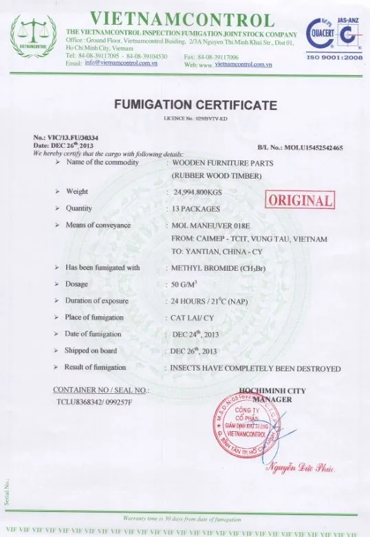 fumigation certificate the vietnamcontrol inspection fumigation