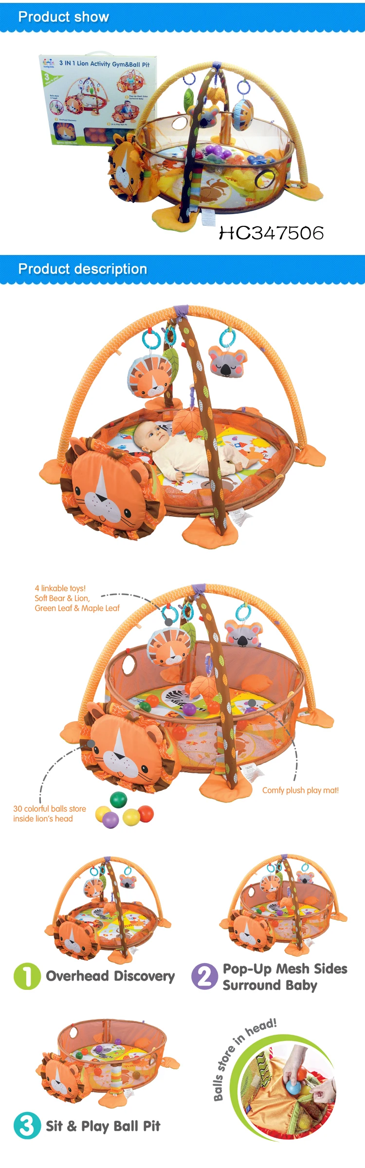 3 in 1 lion activity gym & ball pit