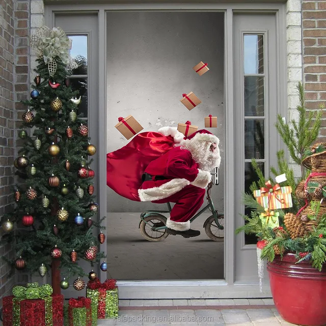 3D PVC Printing Santa Claus Riding Bike Wall Door Stickers Removable Peel OffChristmas Decorative Outdoor Wall Murals