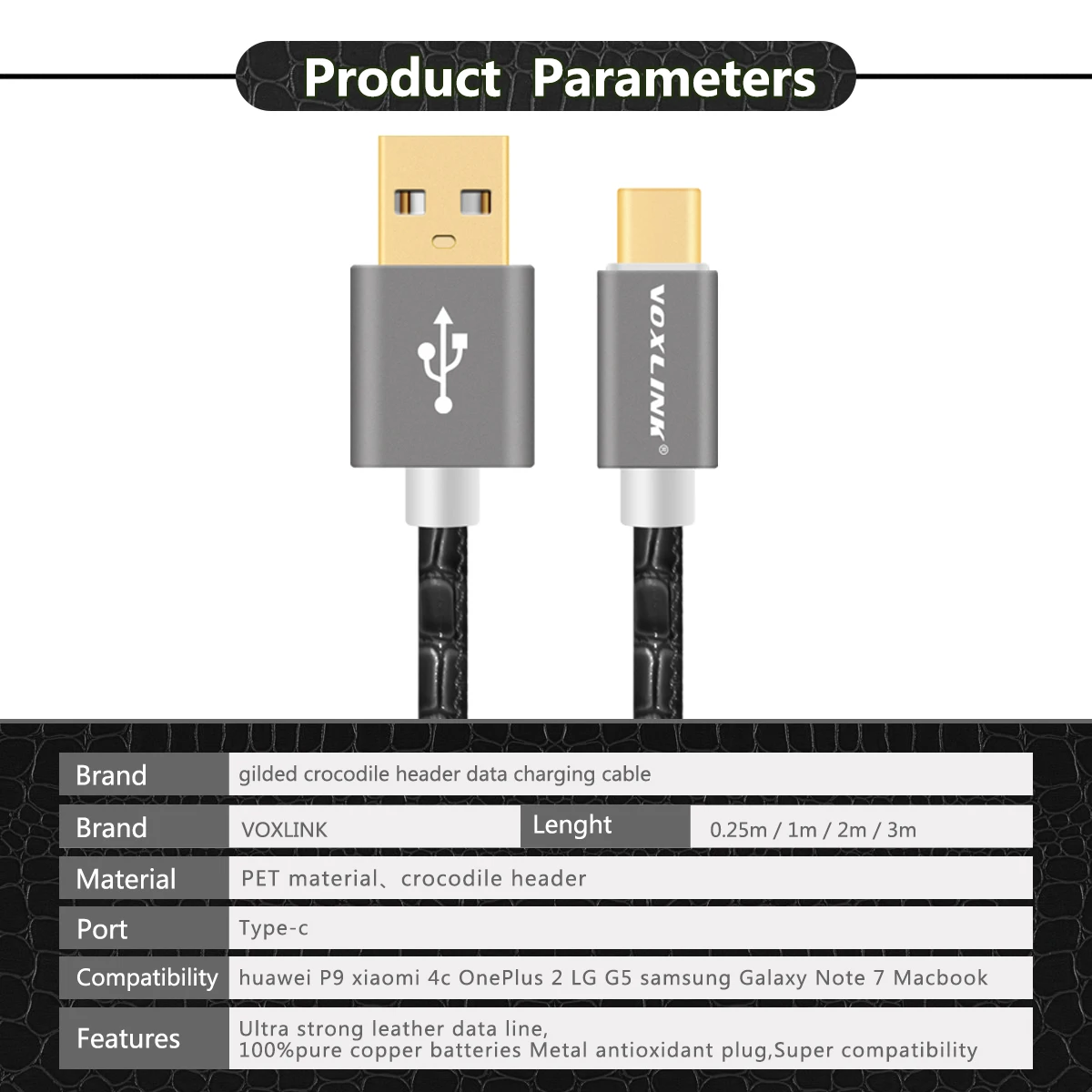 Voxlink Crocodile Type C Charge Cable Gold Plug Usb Sync Date Charger