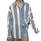 loose fit stylish long sleeve wide stripe design lady blouse
