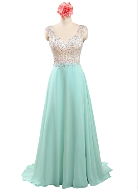 Sexy V Neck Backless Top Beaded Long Chiffon Mint Green Crop Top Prom Dresses Vestidos Longos,PD033