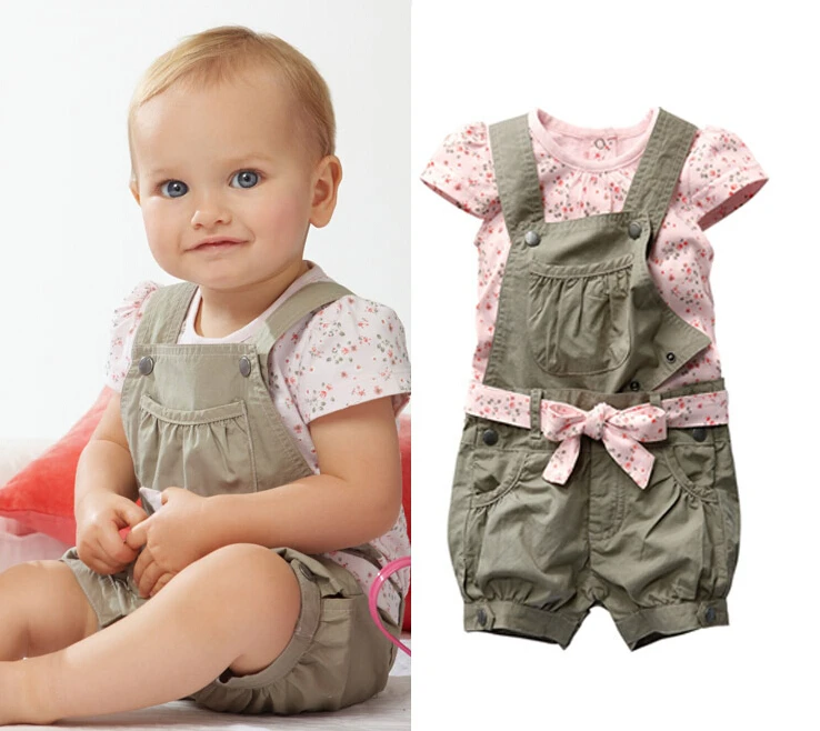 2015 Baby Girls Summer Suits Girls Cotton Clothing Sets For 0-2 Yrs Baby Floral t-shirt + Overalls + Belt Free Shipping DS16