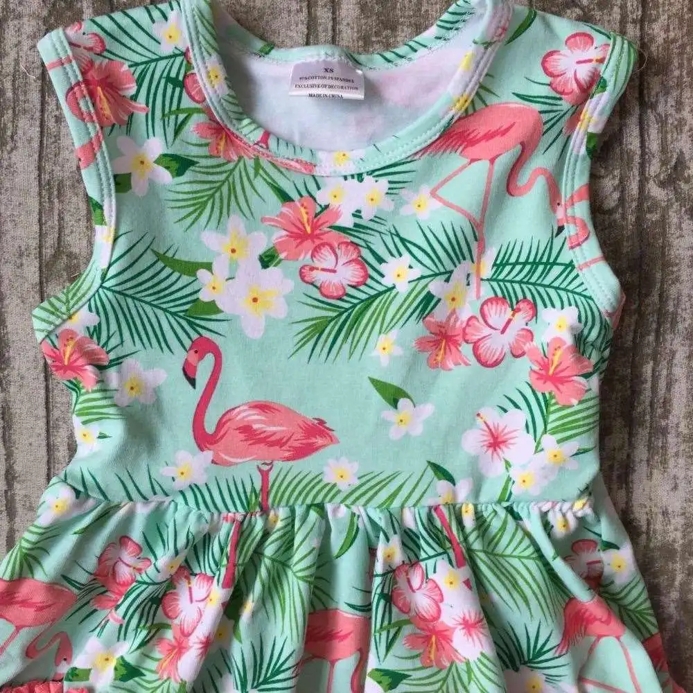 baby girls clothes kids wear summer Flamingo mint coral ruffles print dress cotton mtaching accessories boutique sleeveless