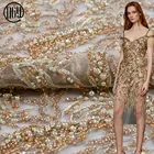 Free shipping wedding hand embroidered gold full beaded lace tulle fabric with sequin