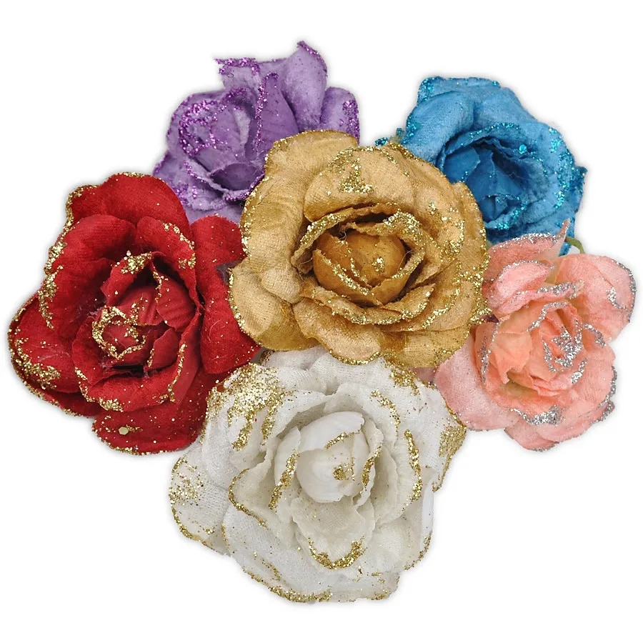 Hot Sale New 10cm Rose Flower pink red blue yellow purple christmas flower Decoration Xmas Tree Festival Party Gift