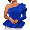 Women Top Shirt Blouse One Shoulder Sexy Female Ruffled Blue Slim Party Office Wear 2019 Spring Fashion Elegant Shirt Blouse