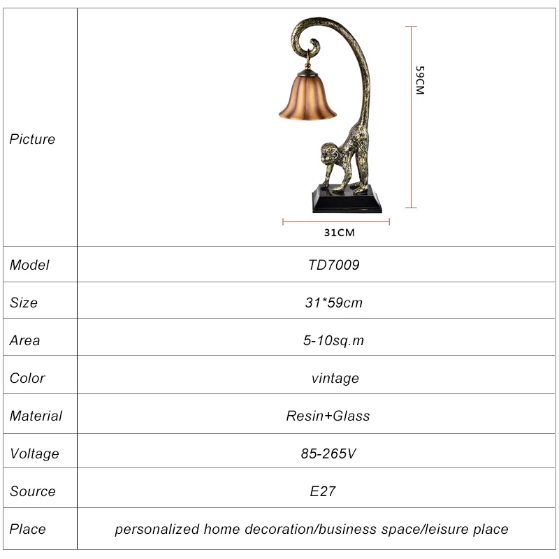 Wholesale desk table lamp, glass shade Indoor Decorative table lamp, African style monkey table lamp