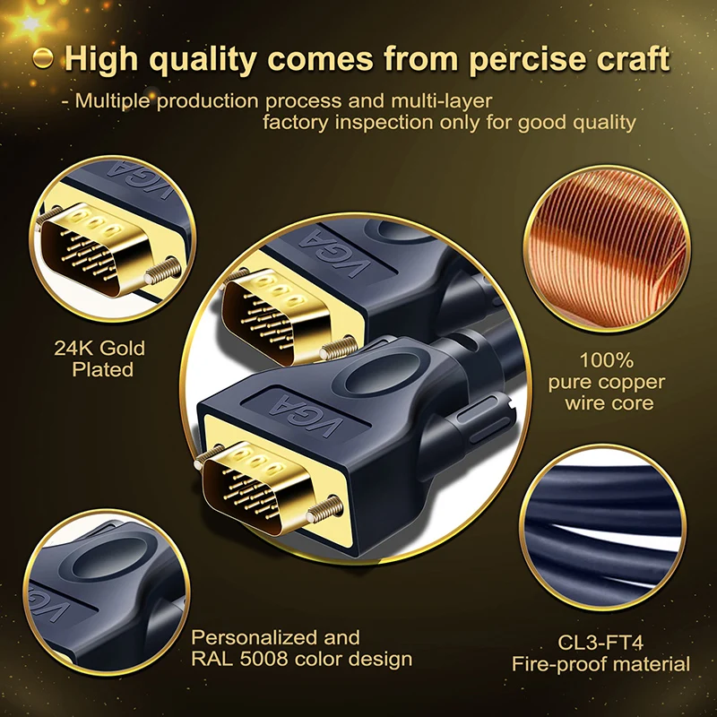 CABLETIME VGA Cable Fireproof 3+9C Braided High Premium Shielding VGA to VGA M/M 15 PIN 1.8m 6ft - ANKUX.COM