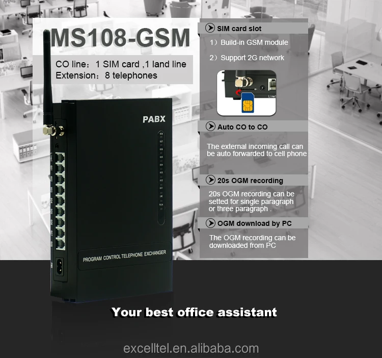 Wireless telephone exchange MS108-GSM 1 CO line 8 extensions with 1 SIM card GSM PBX Wireless telephone exchange MS108-GSM 1 CO line 8 extensions with 1 SIM card GSM PBX