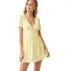 Wholesaler new fashion V-neck short sleeve shirred button-loop casual mini dress for women summer 2019