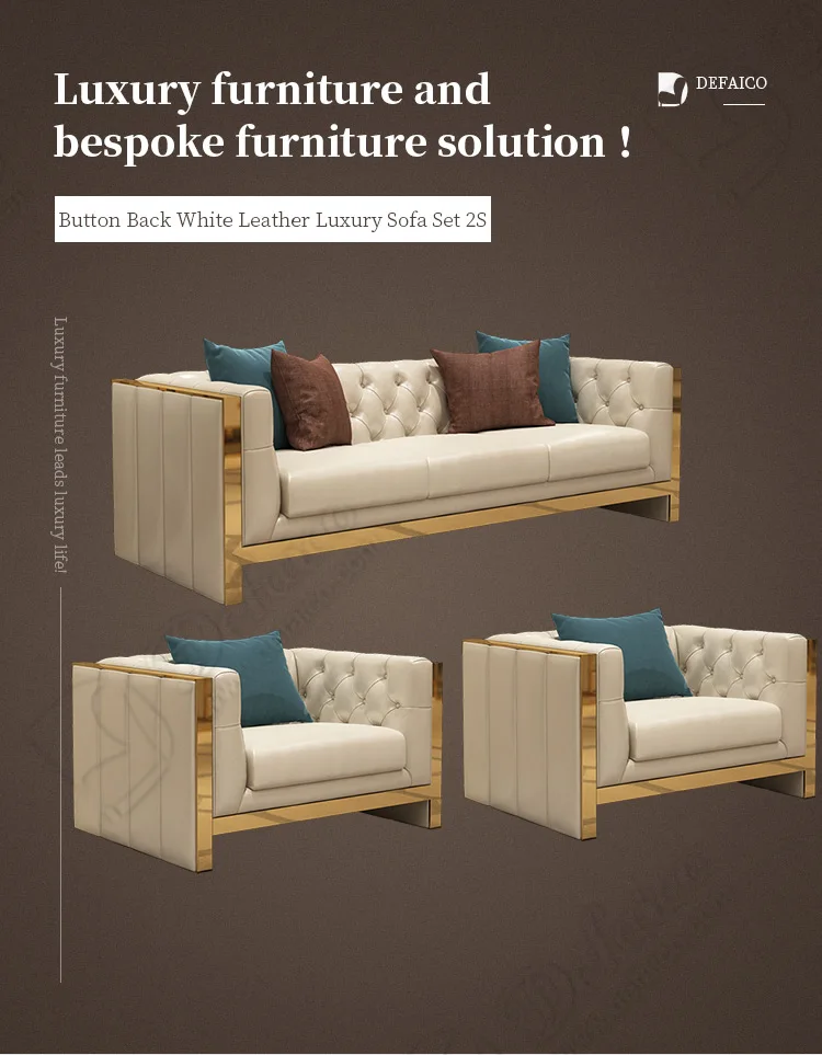 Modern Leather Upholstered Sofa Couch for the Living Room With Golden Stainless Steel Metal Leg Base